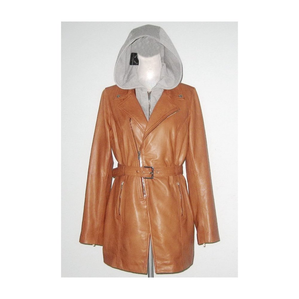 NWT Bod & Christensen MYRKA Leather TRENCH Coat With Detach HOOD L Tan MSRP $475
